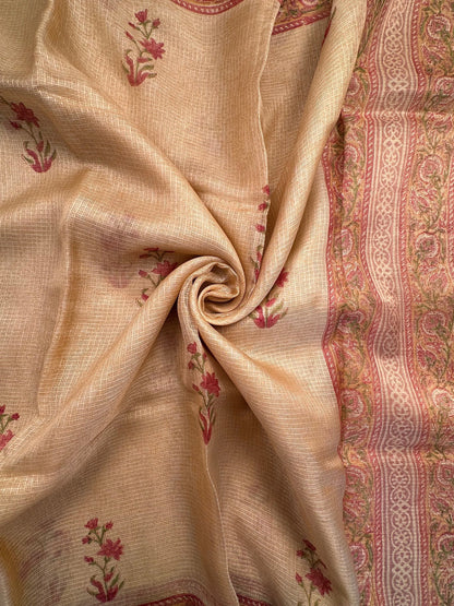 Beige Hand Block-Print Pure Kota Doria Silk Saree