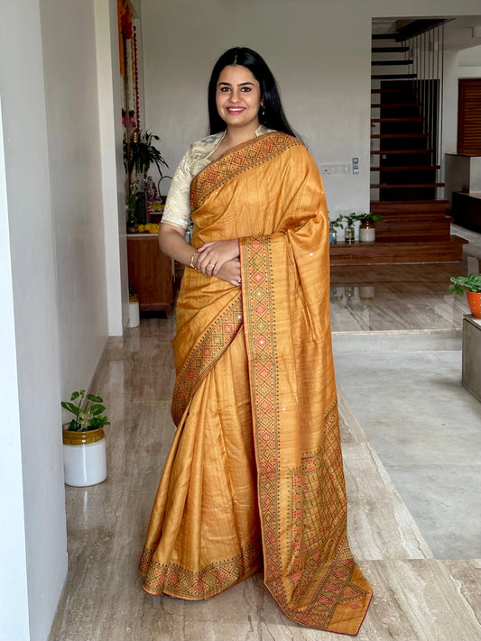 Mustard Pure Tussar Silk Saree With Embroidery