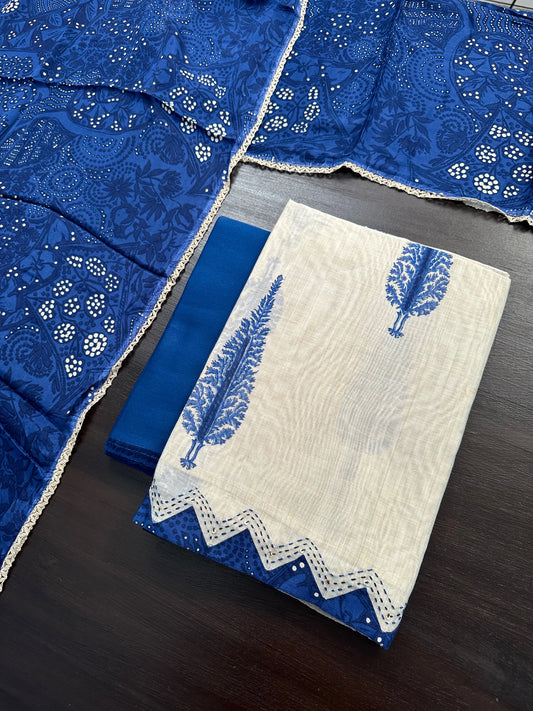 Beige-Blue Block Printed Fancy Cotton  Suit