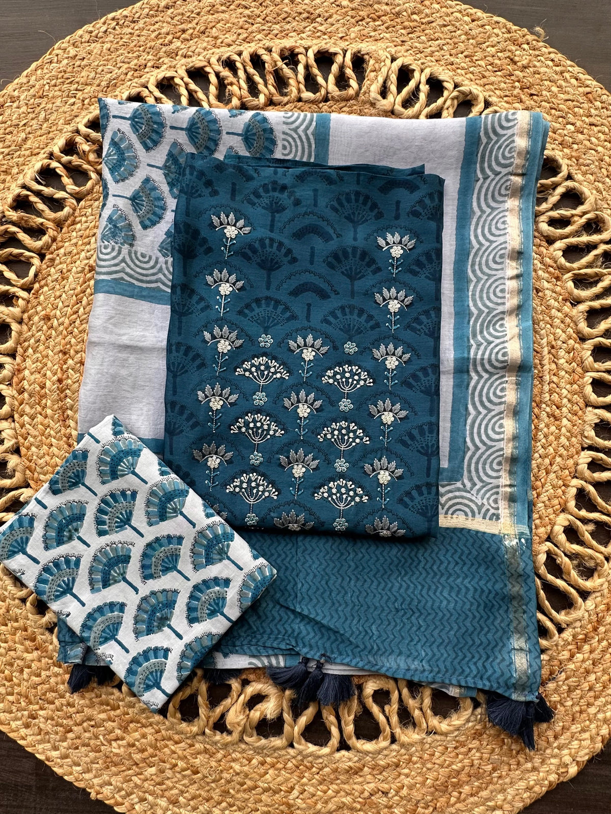 Navy Blue Chanderi Hand Block Printed 3-Piece Unstitched Suit