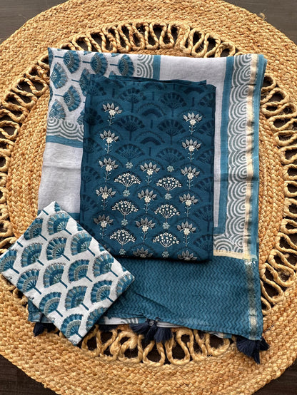 Navy Blue Chanderi Hand Block Printed 3-Piece Unstitched Suit