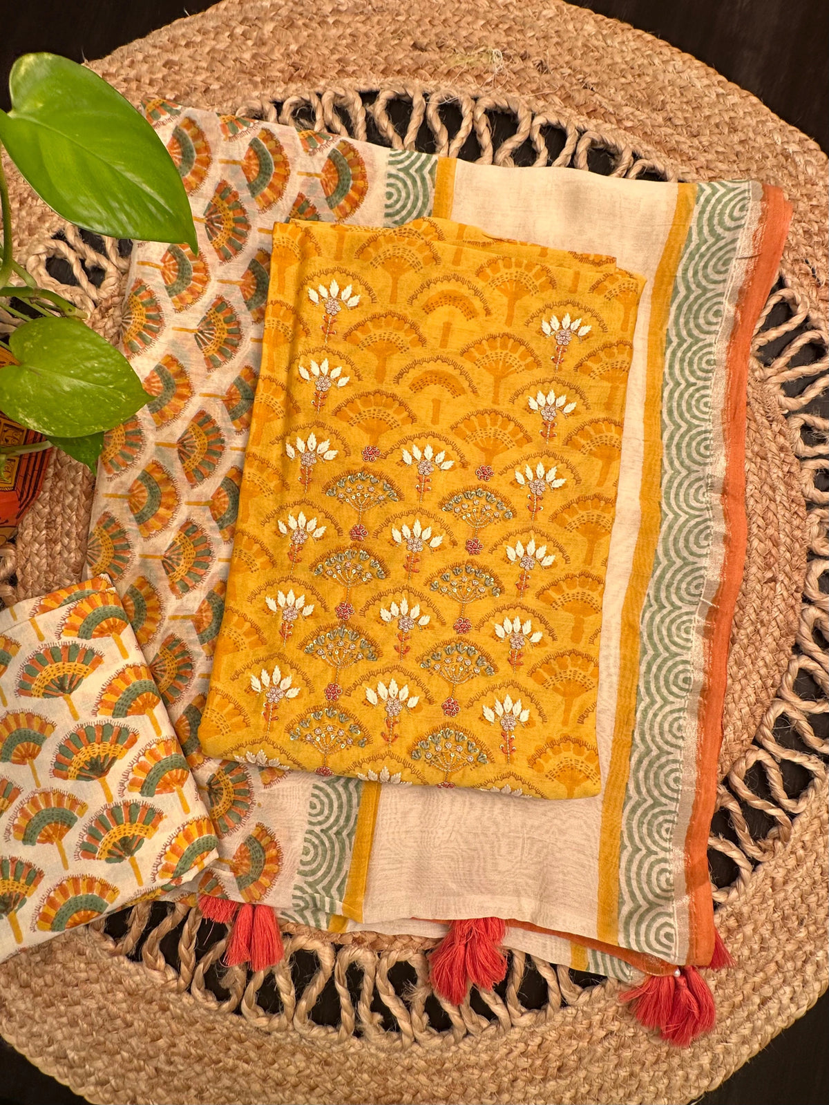 Mustard Chanderi Hand Block Printed 3-Piece Unstitched Suit