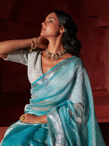 Firozi Pure Crush Tissue Saree