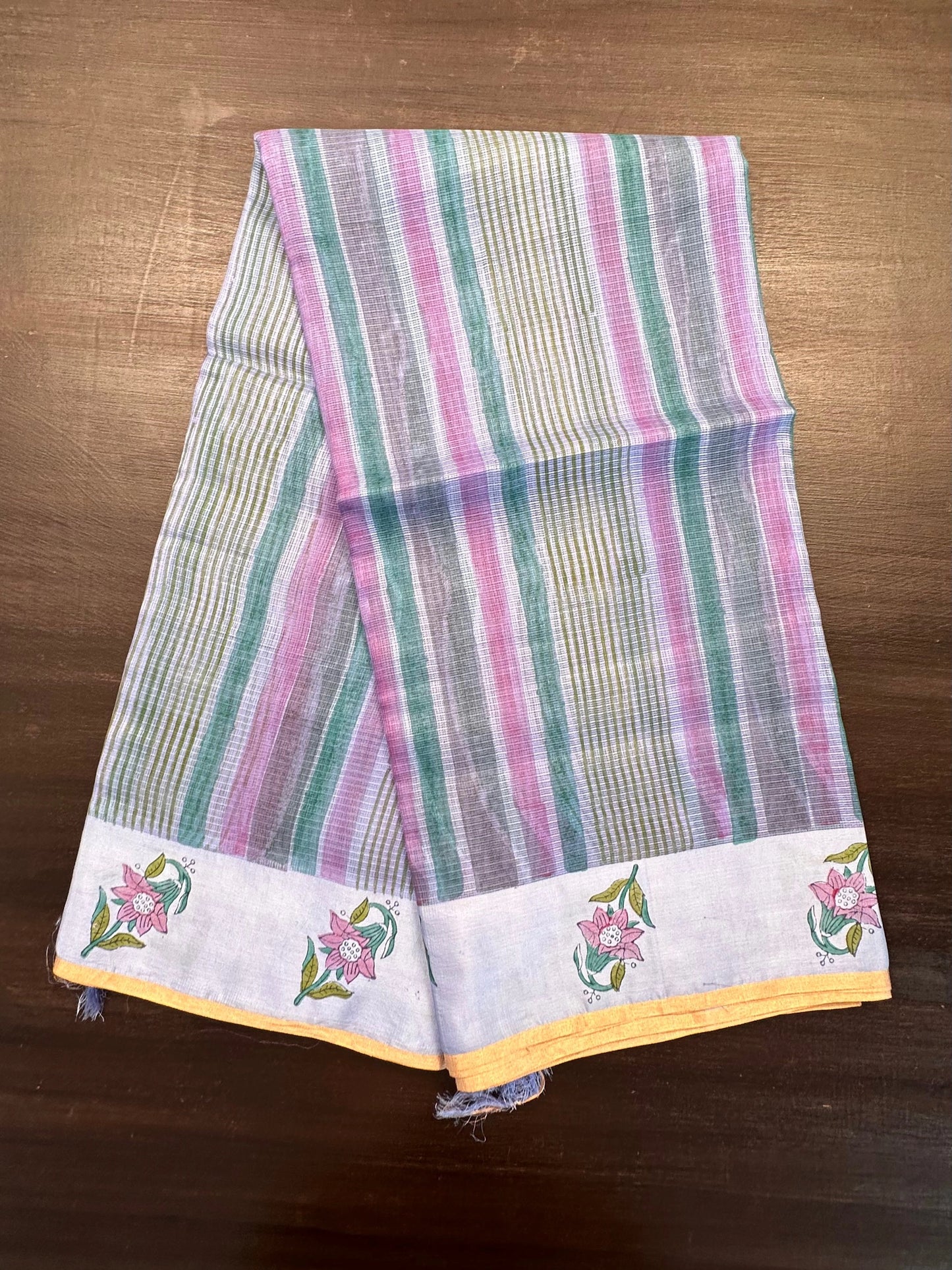 Blue-Multi Colour Hand Block-Print Pure Kota Doria Silk Saree