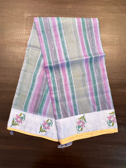 Blue-Multi Colour Hand Block-Print Pure Kota Doria Silk Saree