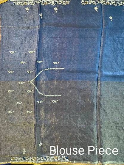 Mustard Tissue Saree With Zari Work Jaal