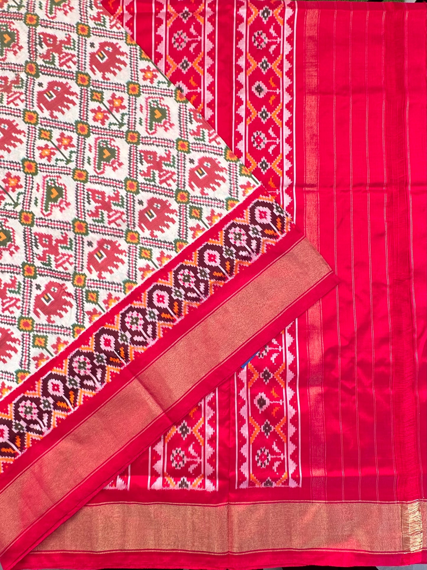 Off White-Red Patola Pure Silk Saree