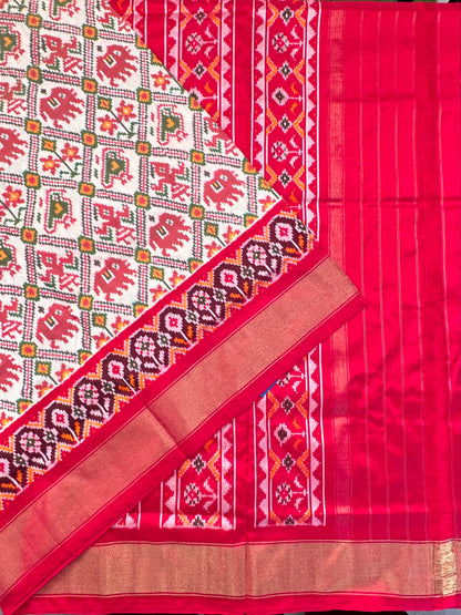 Off White-Red Patola Pure Silk Saree