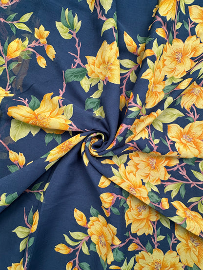 Navy Blue Floral Print Chiffon Saree