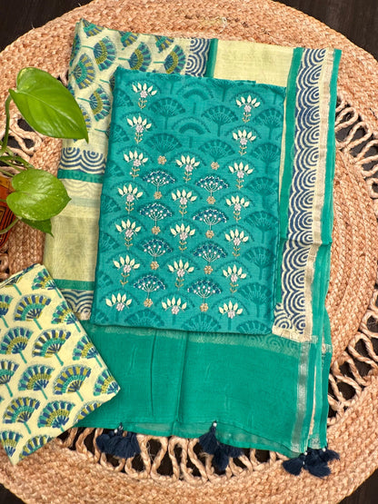 Green Chanderi Hand Block Printed 3-Piece Unstitched Suit