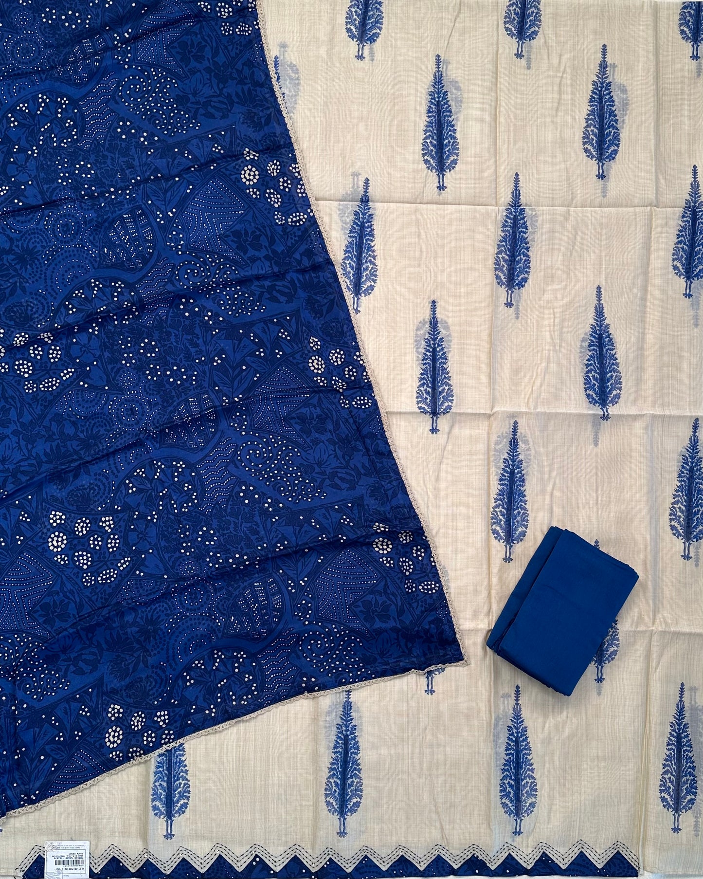 Beige-Blue Block Printed Fancy Cotton  Suit