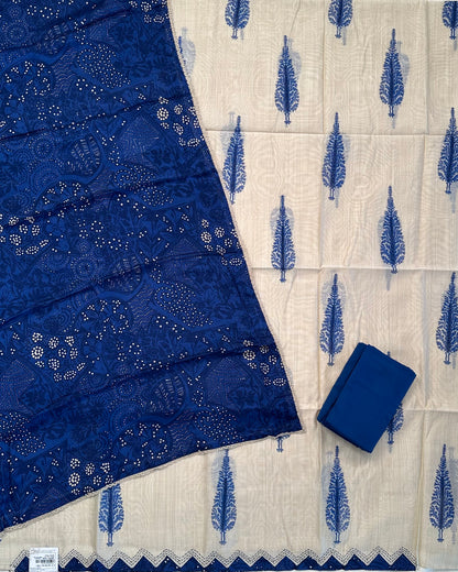 Beige-Blue Block Printed Fancy Cotton  Suit