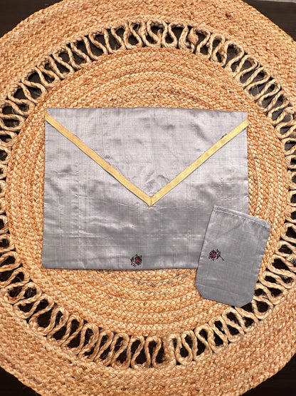 Grey Pure Silk Saree Bag With Pouch