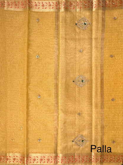 Mustard Fancy Zari Cotton Saree With Hand Work