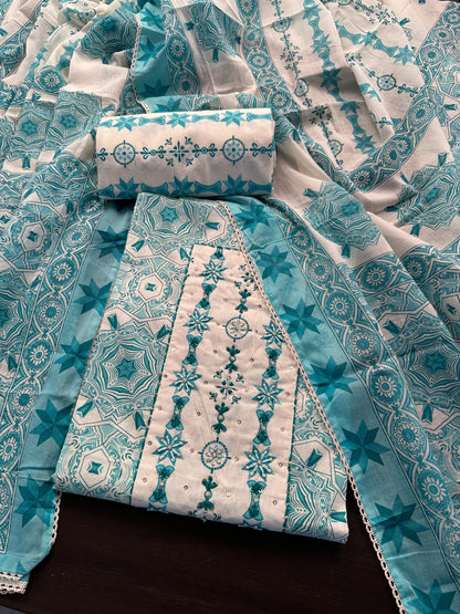 Off White-Firozi Necktie Cotton 3-Piece Suit