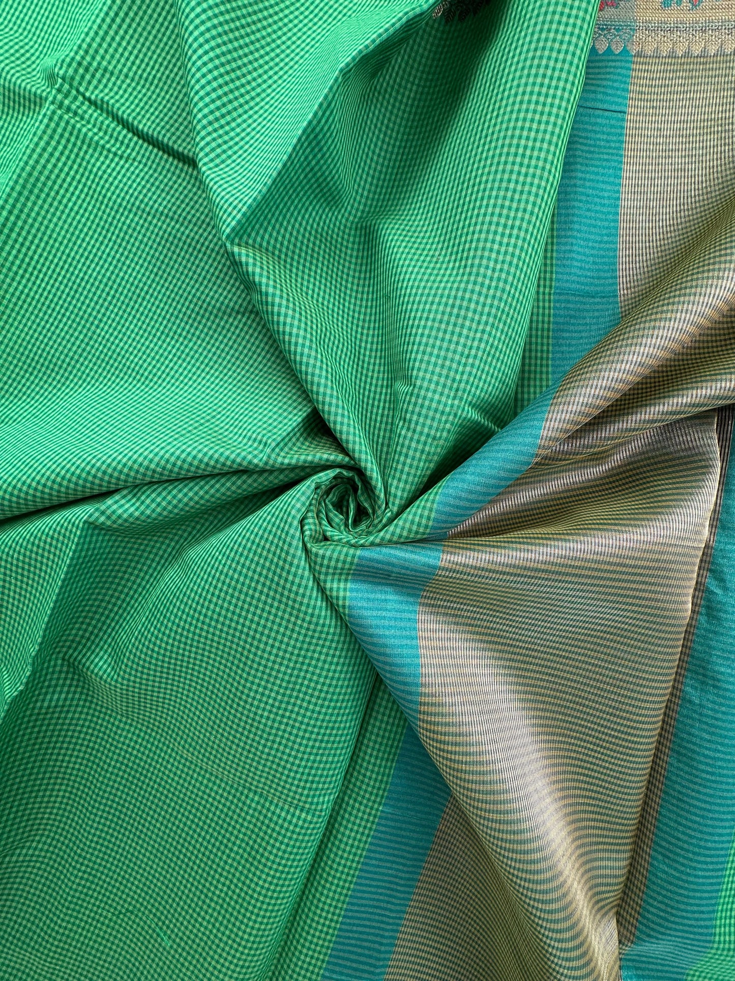 Green Checkered Fancy Cotton Saree