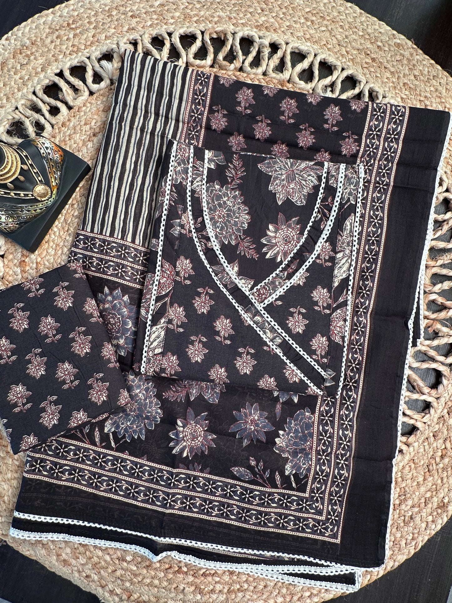 Black Angrakha Printed Cotton 3-Piece Suit