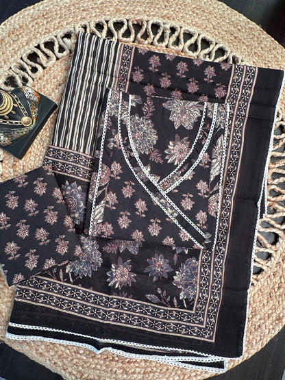 Black Angrakha Printed Cotton 3-Piece Suit
