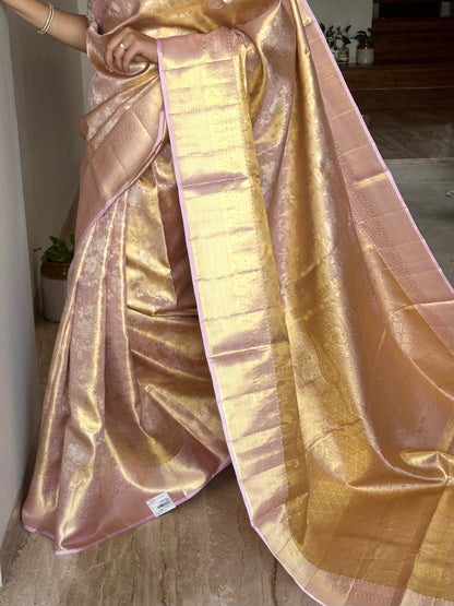 Baby Pink Handloom Jamawar Pure Tissue Silk Saree