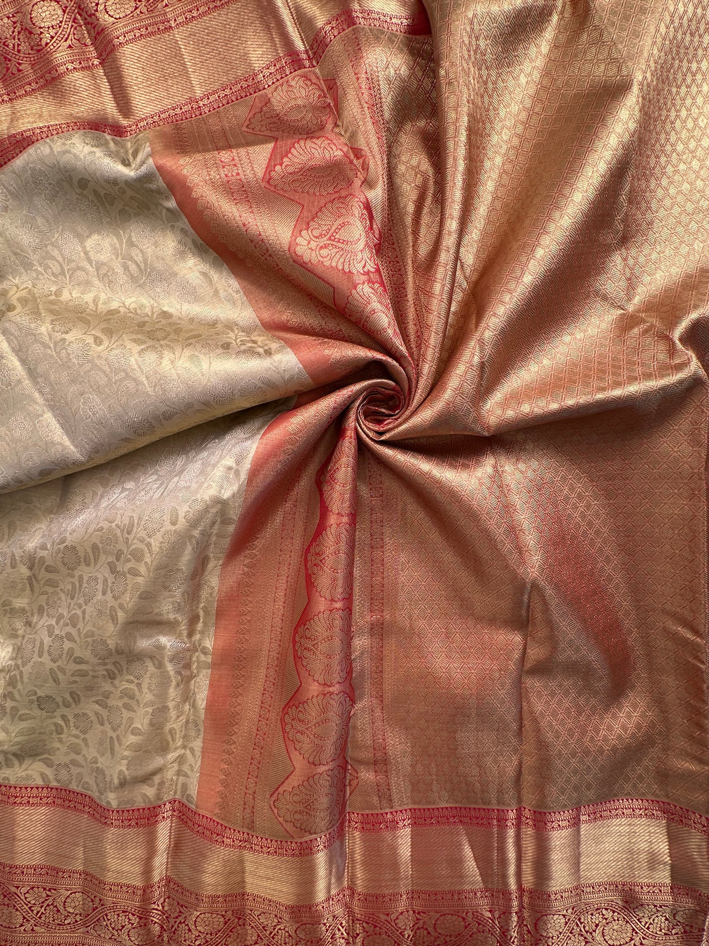 Golden - Red  Handloom Kanjivaram Jamawar Pure Tissue Silk Saree