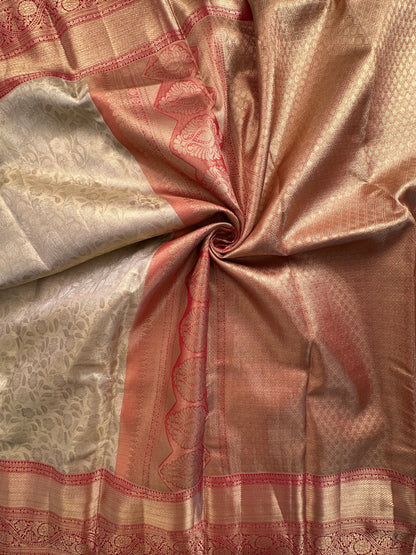 Golden - Red  Handloom Kanjivaram Jamawar Pure Tissue Silk Saree