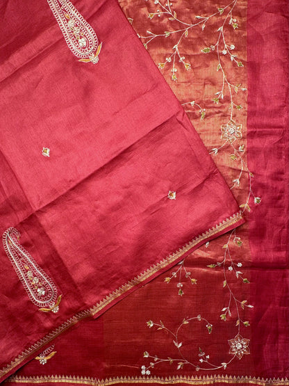 Maroon Hand Work Pure Tussar Silk Saree