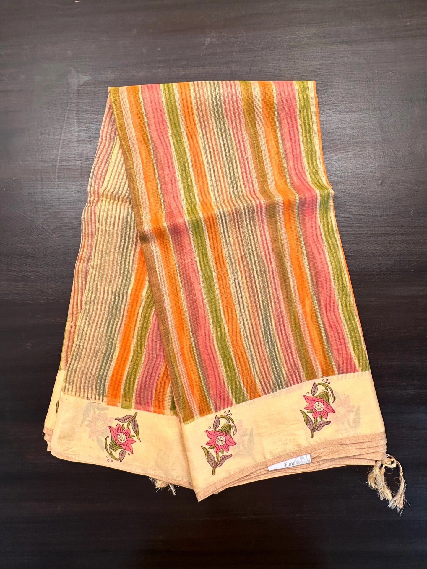 Lemon-Multi Colour Hand Block-Print Pure Kota Doria Silk Saree