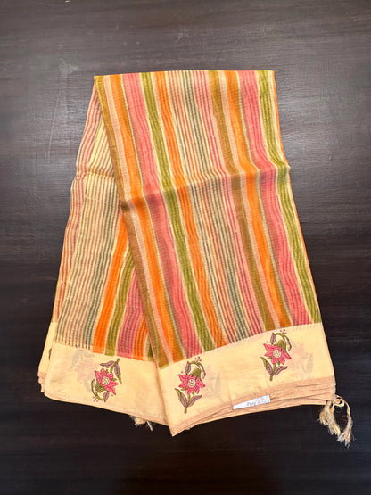 Lemon-Multi Colour Hand Block-Print Pure Kota Doria Silk Saree