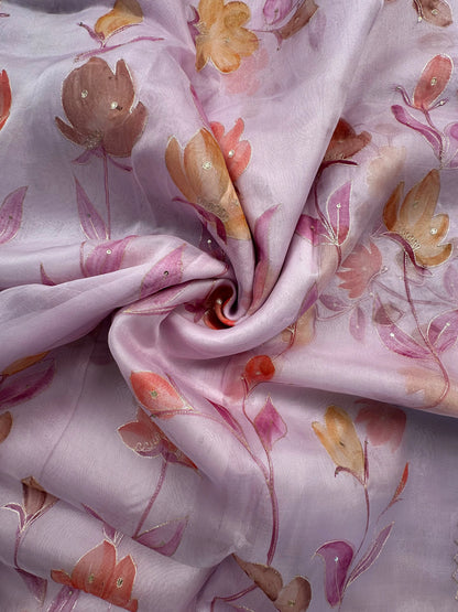 Mauve Floral Print Organza Saree