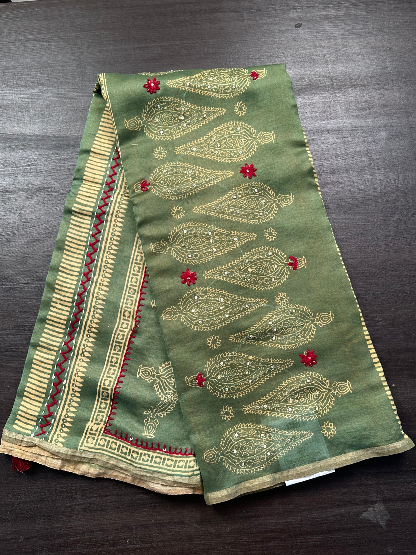 Mustard-Green Block Print Chanderi Saree With Kaantha Stitch