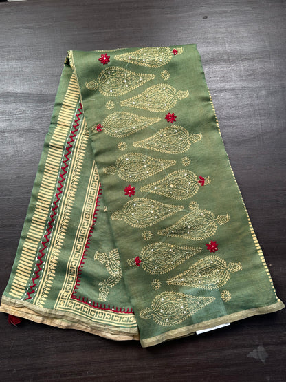 Mustard-Green Block Print Chanderi Saree With Kaantha Stitch