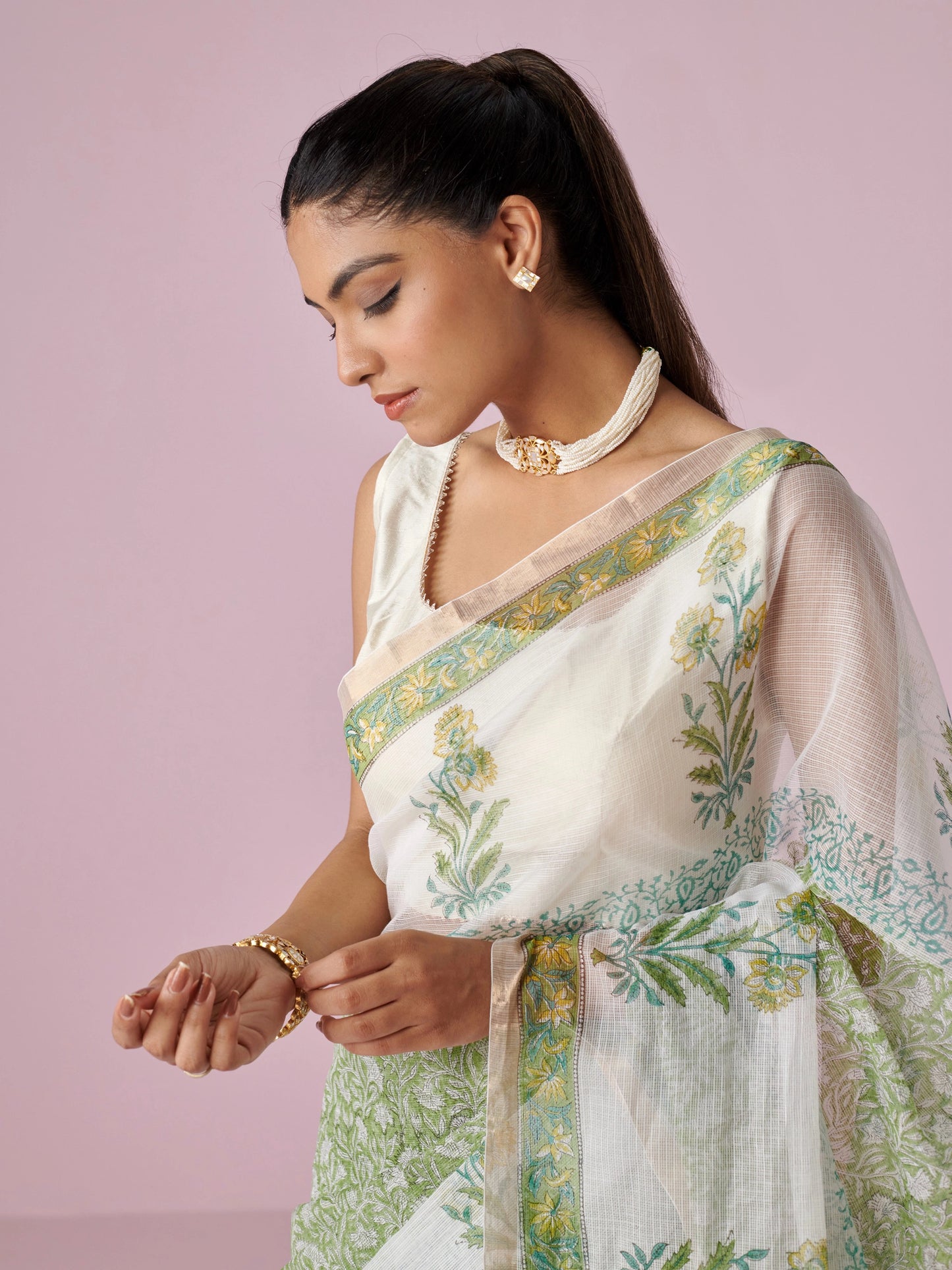 Off White- Green Block Printed Kota Doria Cotton Saree