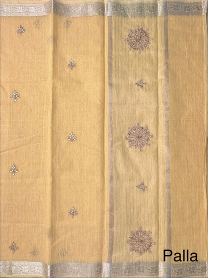 Yellow Fancy Cotton Saree With Hand Work