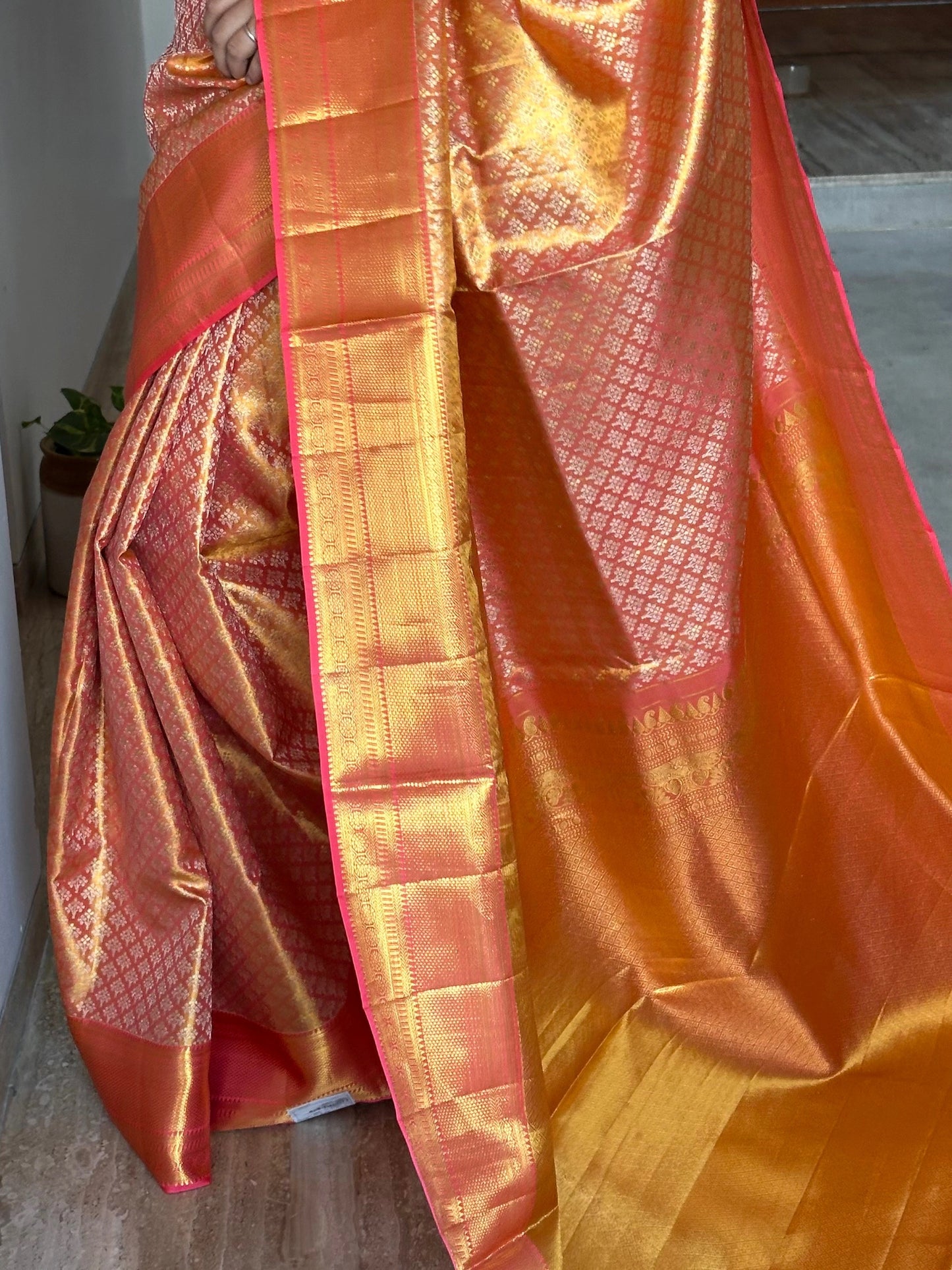 Peach Handloom Jamawar Pure Tissue Silk Saree