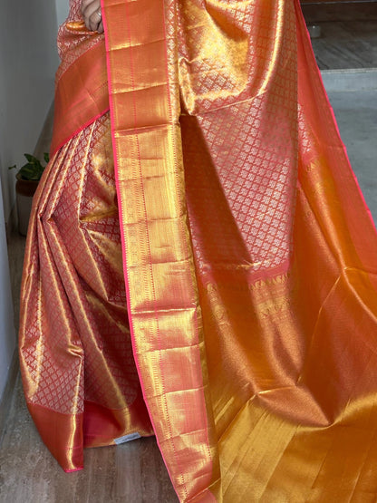 Peach Handloom Jamawar Pure Tissue Silk Saree