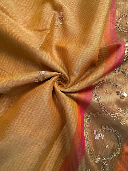 Mustard Hand Work Fancy Tissue Saree