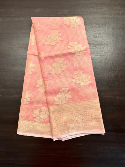 Pinkish Peach Arvita Kota Doria Fancy Cotton Saree