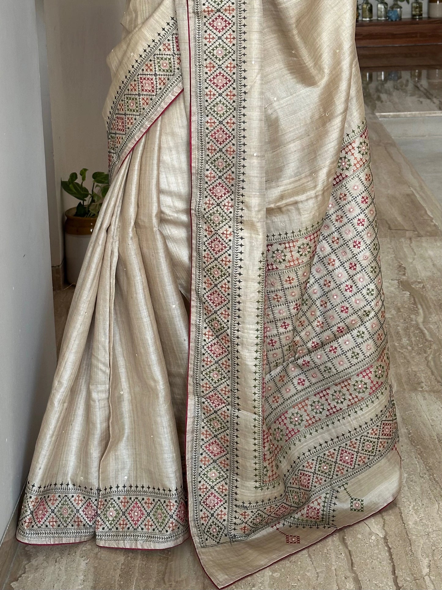 Beige Pure Tussar Silk Saree With Embroidery