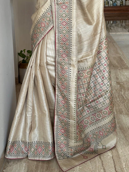 Beige Pure Tussar Silk Saree With Embroidery