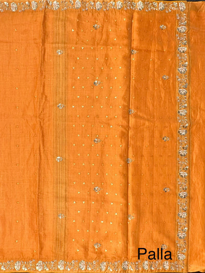 Mustard Tussar-Tissue Silk Saree with Hand Work