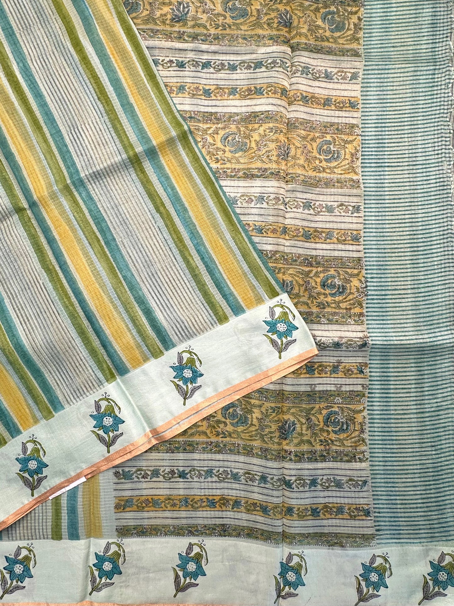 Sea Green-Multi Colour Hand Block-Print Pure Kota Doria Silk Saree