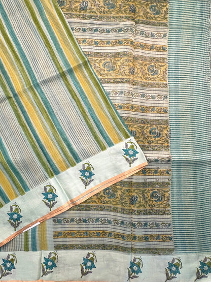 Sea Green-Multi Colour Hand Block-Print Pure Kota Doria Silk Saree