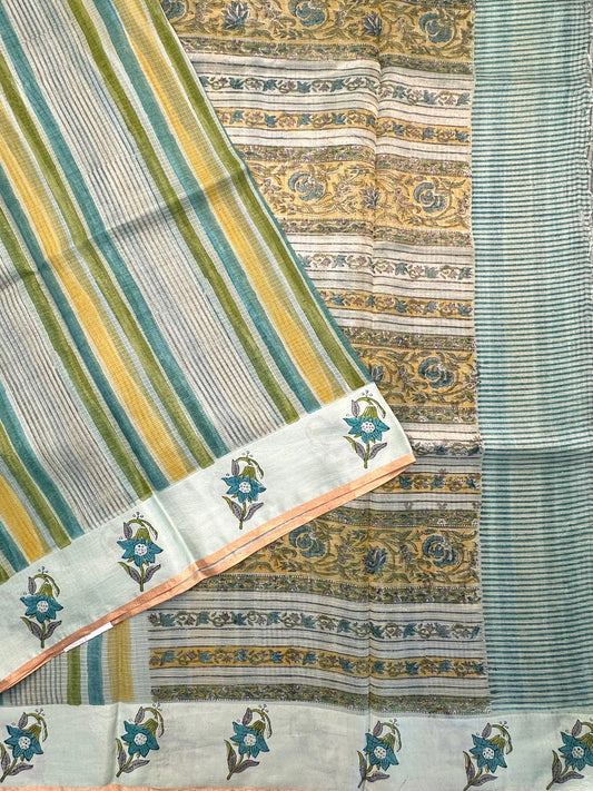 Sea Green-Multi Colour Hand Block-Print Pure Kota Doria Silk Saree