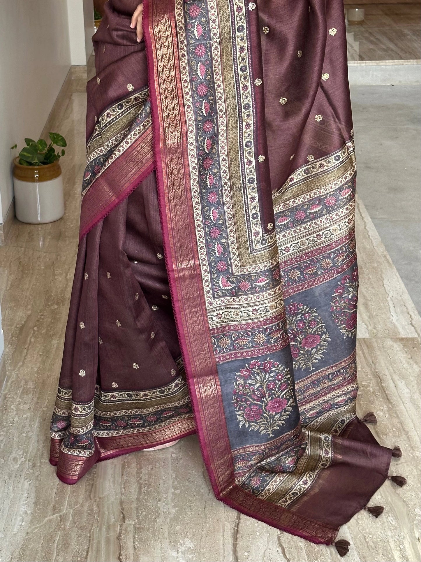 Dark Brown Muga Silk Saree