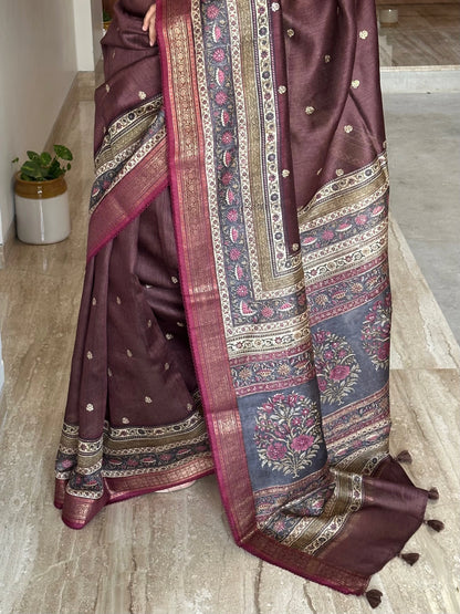 Dark Brown Muga Silk Saree