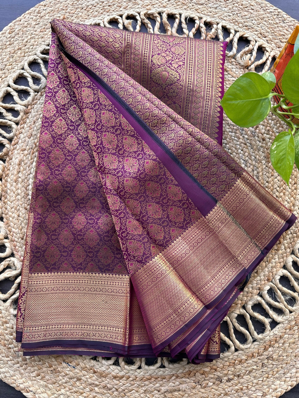 Wine Handloom Kanjivaram Jamawar Pure Silk Saree