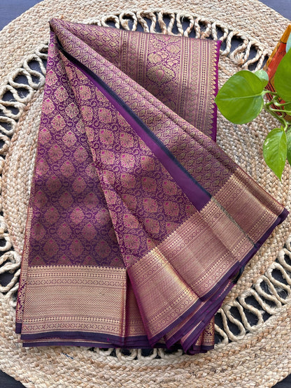 Wine Handloom Kanjivaram Jamawar Pure Silk Saree