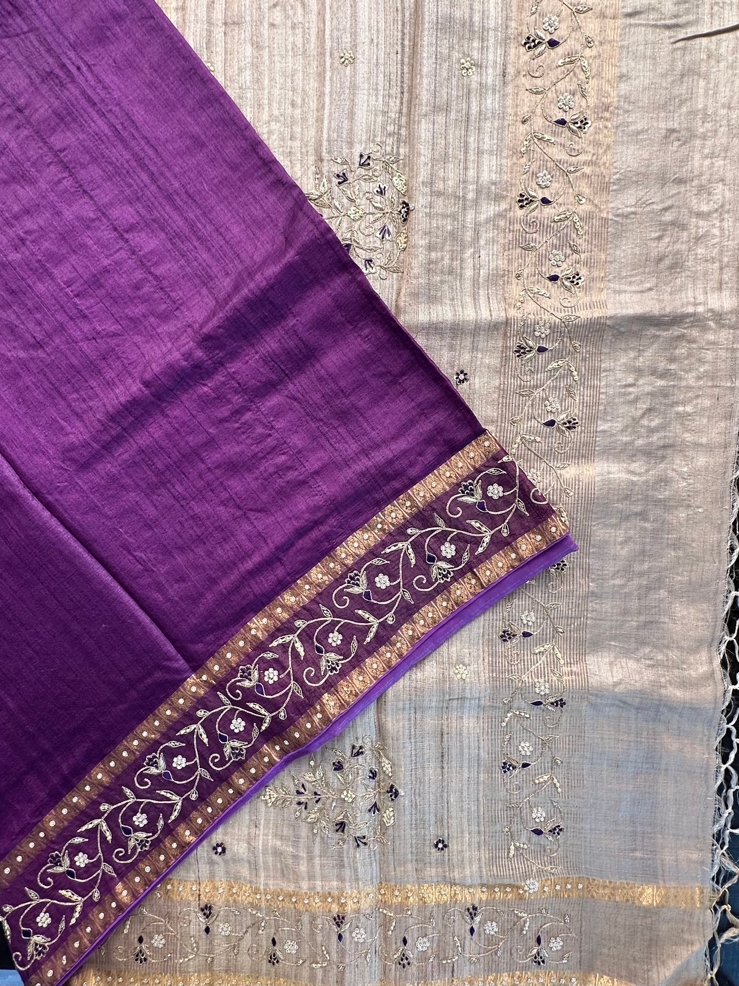 Purple Zardozi Work Pure Tussar Silk Saree