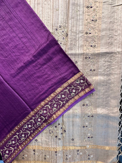 Purple Zardozi Work Pure Tussar Silk Saree