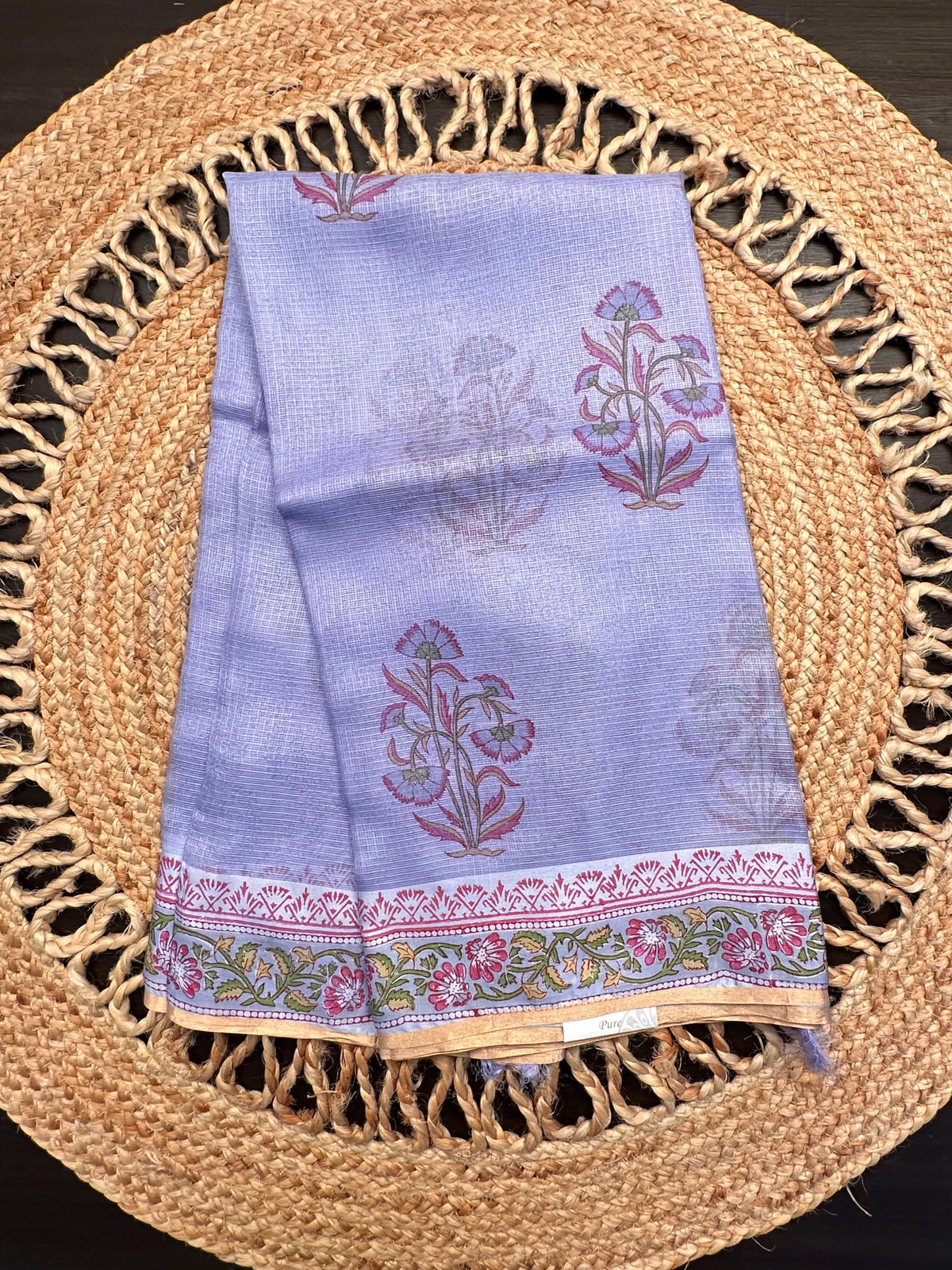 Blue Hand Block-Print Pure Kota Doria Silk Saree